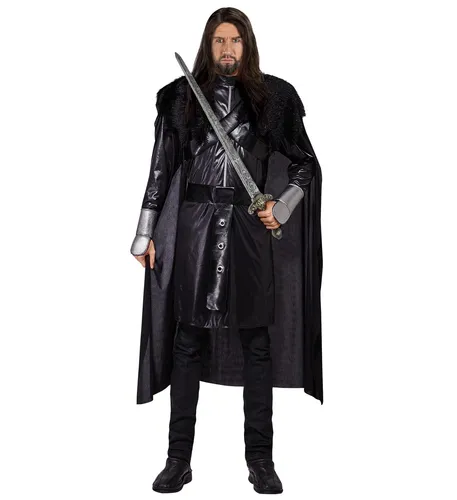 Dunkler Ritter Kostüm mit Armschonern und Mantel - Herrenkostüm für Halloween, inklusive Kasack, graue Armschoner und Gürtel. Ideal für beeindruckende Auftritte im Mittelalter-Look.