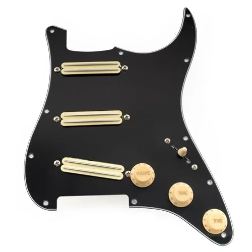 Musiclily Pro-SE ST-DPHA SSS Vorverdrahtetes Schlagbrett Pre-Wired Pickguard mit Alnico 5 Mini Rail Humbucker für Strat Style E-Gitarre, 3-lagig Schwarz with Zebra Pickup