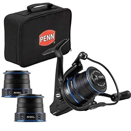 PENN Rival Longcast Surf Pack 7000LC Angelrolle - Angelrollen mit 4+1 abgedichteten Edelstahlkugellagern, konisch-flacher Spule für maximale Wurfweite und komfortablem T-förmigem Kurbelknauf, inklusive 2 Aluminium-Ersatzspulen und PENN EVA-Schutztasche.