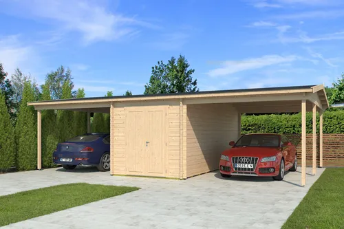 Massiver Fjordholz Doppel-Carport Modell Hans 44 mit Abstellraum - Robuster Doppel-Carport aus 44mm starkem nordischem Fichtenholz mit praktischem Abstellraum. Ideal für wettergeschützte Lagerung, inklusive hochwertiger Doppeltür und stabiler Dachkonstruktion.