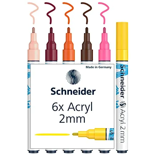 Schneider Paint-It Acrylstifte (Set 3 mit 2 mm Rundspitze, hochdeckende Acrylfarben für Holz, Leinwand, Stein uvm.) 6 Stück, sortiert, 2mm Strichbreite