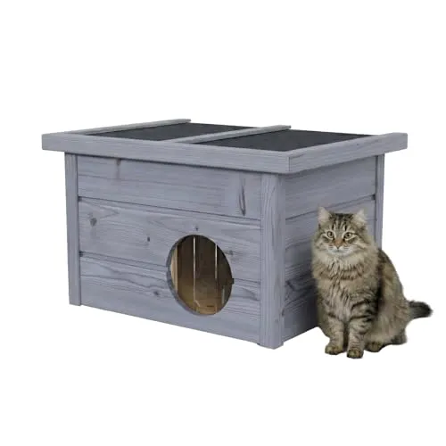 QLS Katzenhaus Outdoor 40×50×37 cm aus Holz mit klappbarem Dach, 2 cm Styropor, wetterfest & Winterfest, Kälteschutz-Vorhang (Grau)