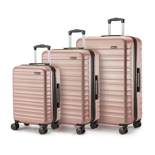 Amazon Basics Hartschalen-Koffer-Set (Klein + Mittel + Groß), Erweiterbares ABS-Reisegepäck, 4 Doppel-Spinnerräder, Kratzfest, 32l/65l/105l, Roségold, für Handgepäck und Urlaube