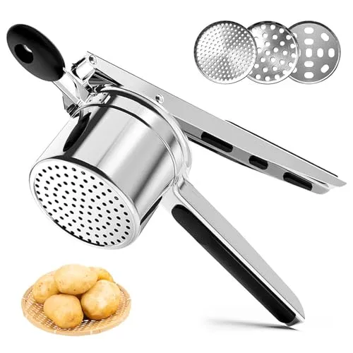 TTSTOIEE Kartoffelpresse Edelstahl - Kartoffelpressen & Spätzlepressen mit rutschfesten Silikongriffen, 3 austauschbaren Scheiben für individuelle Texturen und aus langlebigem, rostfreiem Edelstahl für eine lange Lebensdauer.