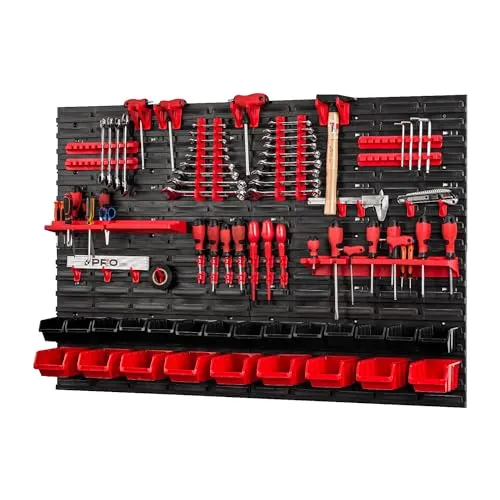 PAFEN Werkzeugwand mit Stapelboxen - 1152 x 780 mm - Lagersystem Wandregal für Garage Werkstatt Werkzeughaltern mit Lochwand Lagerregal Schüttenregal Garage Ordnungssystem | Set 65 TLG.