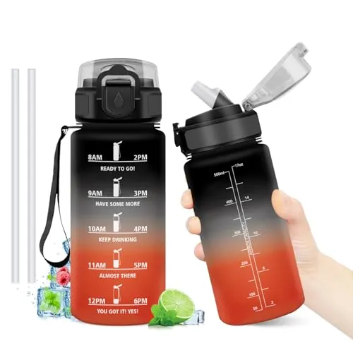 Trinkflasche 500ml, Sport Wasserflasche mit Strohhalm, Motivierende Trinkflasche mit Zeitmarkierung, Kohlensäure Geeignet, Auslaufsicher Wasserflasche für Laufen, Wandern, Reisen, Radfahren,Yoga