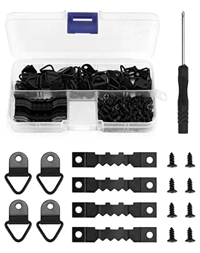QWORK 251 Stück Bildaufhänger, 50 x Zackenaufhänger 50 x Dreieck Ring Aufhängen 150 x Schrauben und 1 x Schraubendreher für Foto Bilder Malerei Hängen (Schwarz)