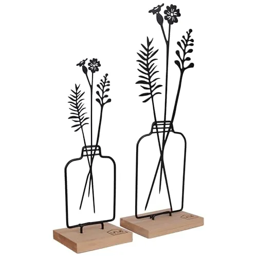 UNUS Aufsteller Blumenvase 2er Set, 23,5 cm und 31,5 cm hoch, Metallaufsteller mit Bambussockel, in Schwarz, Frühlingsdeko für Fenster, Tisch oder Regal