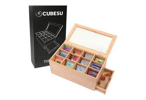 Cubesu Teebox Premium Holz Teebeutelbox Teekiste Teebeutel Box, Bambus, 12 Fächer mit Sichtfenster & Schublade