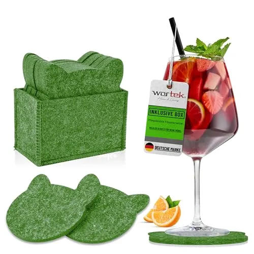 wortek Filz Untersetzer Gläser Grün in Katzenform – 10er Set mit Aufbewahrungsbox, Glasuntersetzer für Getränke, Tassen, Bar, Glas - Ø 10cm Tischuntersetzer Filzuntersetzer Gläser