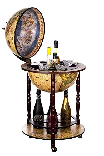 Globusbar CG42001NN02 - Eukalyptusholz Barwagen - Eleganter Barschrank mit antiker Weltkugel, 103 cm hoch und aus massivem Eukalyptusholz. Ideal für stilvolle Hausbars, bietet Platz für Flaschen und Gläser.