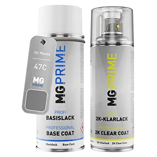 MG PRIME Autolack 2K Spraydosen Set für Mazda 47C Polymetal Grey Metallic/Polymetal Grau Metallic Basislack 2 Komponenten Klarlack Sprühdose
