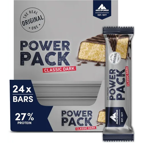 Multipower Power Pack Classic Dark Protein Riegel - 27% Protein - Proteinriegel mit 27% hochwertigem Eiweiß, ideal als gesunder Snack für Sportler, mit leckerem Banane-Vanille-Geschmack und dunkler Schokolade.
