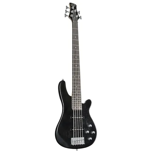 J&D 5-String E-Bass 150J/5, Satin Black - E-Bass mit Esche-Korpus und Ahorn-Hals, ideal für Einsteiger und Allrounder, bietet vielseitigen Klang durch 2-Band Equalizer und Single Coil Tonabnehmer.