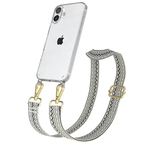 EAZY CASE Handykette - Verstellbares Taschenband kompatibel mit iPhone 16 Plus, Schulterriemen, Handykordel mit Silikon Hülle, Umhängetasche, Beige Blau Gold