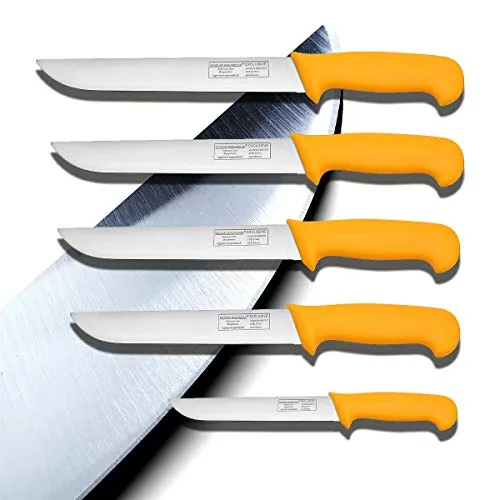 Melody Profi Metzgermesser Set 5er Box - Ausbeinmesser Set mit 5 hochwertigen Messern aus rostfreiem Edelstahl, ergonomischen Ergo-Grip Griffen und sofort einsatzbereit. Ideal für Fleischverarbeitung, hohe Schärfe und Schnitthaltigkeit.
