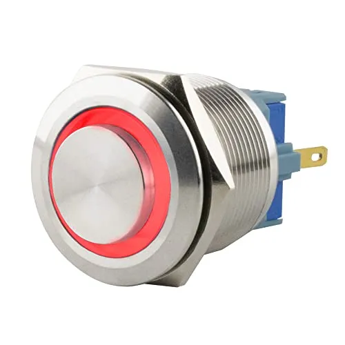 SeKi Edelstahl Drucktaster Ø25mm tastend hervorstehender Kopfform farbig beleuchtetem LED Ring in rot Lötösen / Flachstecker 0,5x2,8 Anschluss; Klingeltaster