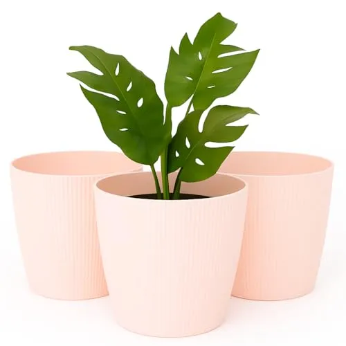 Home Garden Ornaments Blumentopf Übertopf Set aus 3 Kunststoff Blumentöpfen – Streifenmuster, ohne Drainagelöcher – Übertöpfe für Zimmerpflanzen (13.5 cm, Beige)