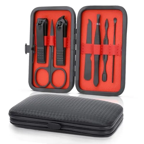 Maniküre Set – Edelstahl Nagelknipser & Nagelhautentferner – 7-in-1 Pediküre Set mit Nagelhautschere, Cuticle Remover für eingewachsene Zehennägel und dicke Nägel (Schwarz)