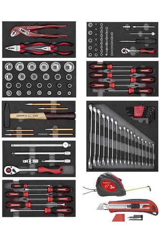 GEDORE red 119-teiliges Werkzeugsatz mit Schaumstoffmodulen - Professionelles Werkzeug-Set mit 119 Teilen, ideal für präzise Arbeiten. Enthält hochwertige Chrom-Vanadium-Stahlwerkzeuge, perfekt organisiert in Schaumstoffmodulen.
