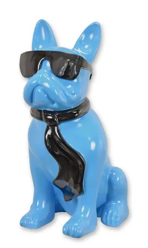Aubaho Dekoobjekt Figur Bulldogge aus Kunstharz mit Sonnenbrille und Krawatte – blau Rep