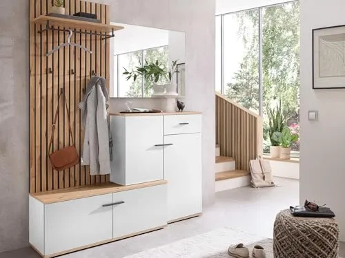 Kompaktgarderobe COMO in Weiß und Artisan Eiche – Stilvoll und Funktional - Moderne Kompaktgarderobe in edlem Weiß mit Artisan-Optik. Bietet viel Stauraum durch praktische Aufteilung und hochwertige Verarbeitung – ideal für jeden Flur.
