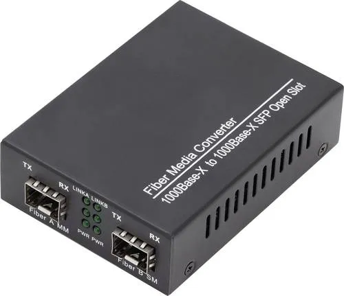 DIGITUS Medienkonverter - SFP Port für Gbit Ethernet, einfache Umwandlung zwischen Multimode und Singlemode mit Diagnose-LEDs
