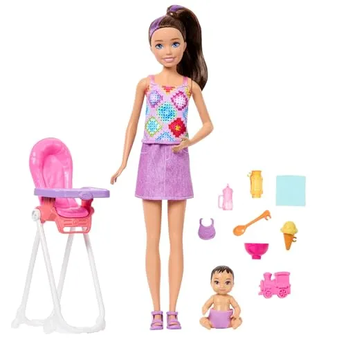 Barbie Anziehpuppe Skipper Babysitters Inc. Hochstuhl Spielset - Inspiriert zu kreativen Rollenspielen: Das Barbie Skipper Babysitters Inc. Spielset mit Hochstuhl, Baby-Puppe und Zubehör fördert fantasievolles Spielen ab 4 Jahren.
