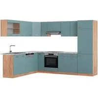Vicco Winkelküche R-Line, Blau-Grau/Goldkraft Eiche, 227 x 287 cm - Küchenzeilen mit individueller Konfiguration, robust und modern. Perfekt für gesellige Kochabende mit Freunden und Familie.