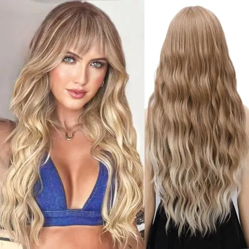 YEESHEDO Damen Lang Wellig Lockige Perücke Braun Gemischt Blond Farbe Wig Natürlich lange locken haare Peruecke mit Pony für Frauen 28 Zoll (Ombre Braun)