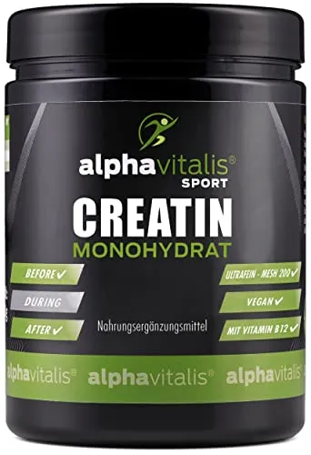 Creatin Monohydrat Pulver 500g (Meshfaktor 200) - mikrofeines, gut lösliches Kreatin Monohydrat - Creatin Pulver vegan mit Vitamin B12 von alphavitalis - 147 Portionen