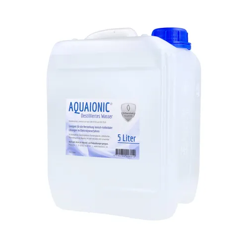 aquaionic® Destilliertes Wasser 5 Liter - Hochwertiges, destilliertes Wasser für Laboranwendungen, ideal zur Unterstützung von Geräten wie Ionic-Pulser, hergestellt in Deutschland.