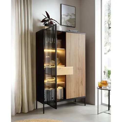 Lomadox Highboard Anrichte mit Beleuchtung in Schwarz und Wotan Eiche - Stylisches Highboard für Wohnzimmer und Esszimmer mit LED-Beleuchtung. Der Korpus in Schwarz und die Fronten in Wotan Eiche schaffen eine einladende Atmosphäre. Hochwertige Materialien und Softclose-Funktion bieten Komfort und Langlebigkeit.