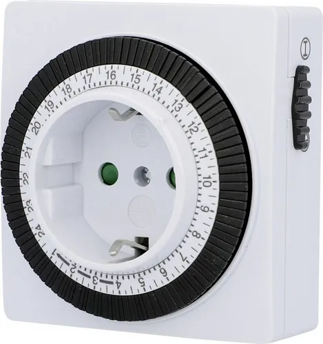 Trend Line Zeitschaltuhr 3.500 W mechanisch, weiß - Zeitschaltuhr für 3.500 W, ideal für präzise Zeitsteuerung, 96 Schaltzeiten pro Tag, einfache Einstellung mit Kipphebel und Ein/Aus-Schalter, perfekt für Zuhause oder Büro.