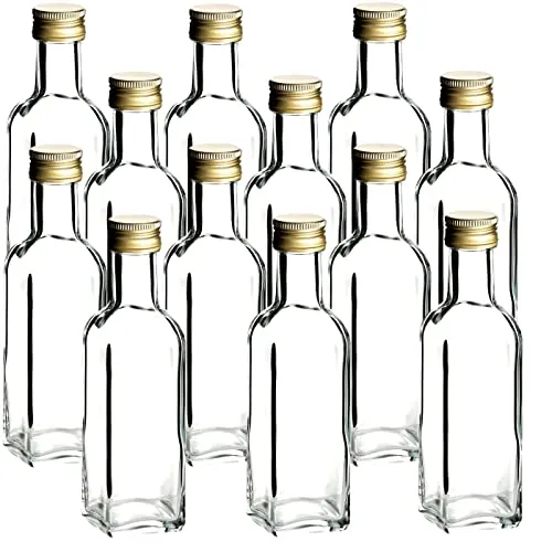 gouveo 12er Set Glasflaschen 100 ml (0,10 l) Glasflasche 100 ml Maraska eckig mit goldfarbenem Schraubverschluss PP24, Klarglas Fläschchen zum Abfüllen, Portionieren & Aufbewahren (MFE100TG)