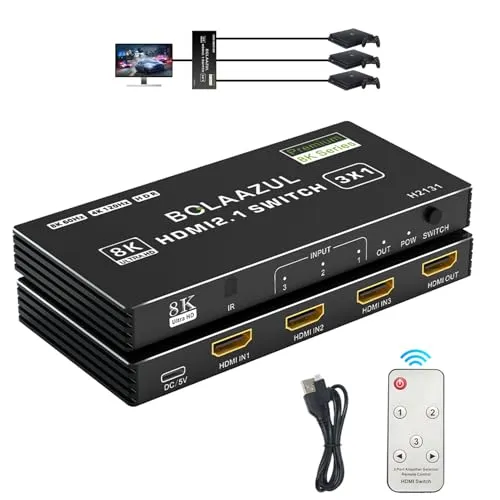 8K HDMI 2.1 Switch 4K 120Hz, Bolaazul HDMI Umschalter 3 in 1 Out 8K@60Hz 4K@120Hz 2K@144Hz, HDMI 2.1 Splitter 3-Port mit IR Fernbedienung, HDMI 5x1 HDR, 48GBPS, CEC, Dolby Vision für Xbox PS5 PC TV