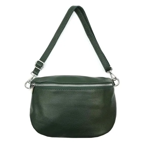 OBC Made in Italy Damen Leder Tasche Gürteltasche Crossbody Hüfttasche Bauchtasche Umhängetasche Cross-Over Bodybag Schultertasche Handytasche (Dunkelgrün)