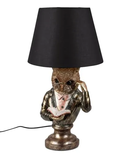 Kremers Schatzkiste Antikfarbene Eulenlampe 56cm – Vintage Deko Tischlampe mit schwarzem Stoffschirm - VINTAGE EULENLAMPE: Charmante Tischlampe in Eulenform aus robustem Kunststein mit elegantem schwarzen Stoffschirm für ein gemütliches Ambiente. IDEAL FÜR JEDEN RAUM: Perfekt für Wohnzimmer, Schlafzimmer oder Büro und sorgt für stimmungsvolle Beleuchtung.