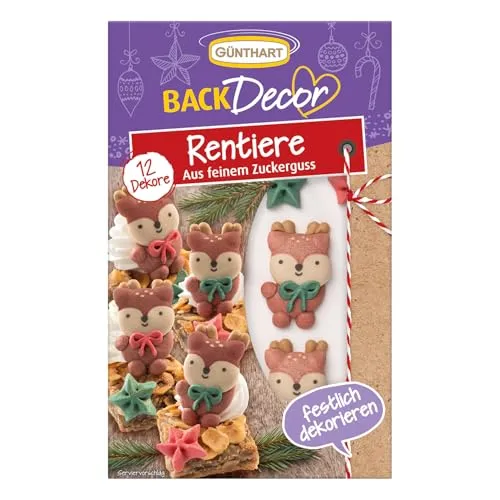 Günthart 12 essbare Dekore als Rentiere in zwei Varianten und Sterne aus feinem Zuckerguß, 1er Pack (18 gr)
