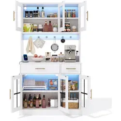 Okwish Buffet in Weiß mit LED-Beleuchtung - Modernes Buffet aus Holzwerkstoff mit 6 Türen und 2 Schubladen. Integrierte, app-gesteuerte LED-Beleuchtung schafft individuelle Lichtakzente. Ideal für stilvollen Stauraum in der Küche.