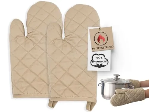 ZOLLNER 2er Set Ofenhandschuhe in beige - hitzebeständige Topfhandschuhe - Baumwolle - 18x28cm - mit praktischem Aufhänger - waschbar bis 60°C - Oeko Tex® Zertifiziert