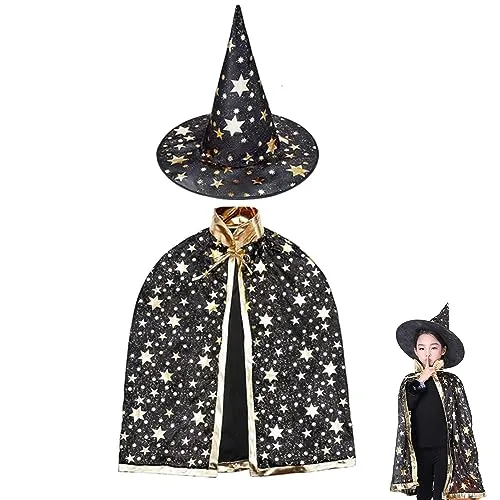 ZHjuju Zauberumhang mit Hut, Halloween Kostüm für Kinder Halloween Kostüme Hexenumhang für 3-12 Jahre Kinder Jungen Mädchen, Halloween Kostüm Requisiten für Kinder Cosplay Party Schwarz