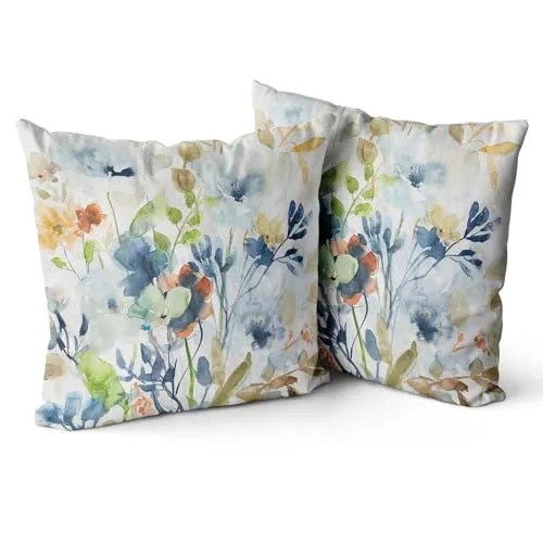 Snylcce Brown Cream Grey Teal Floral Throw Pillow Covers Aquarell Blume Couch Kissen Cases 18x18 Zoll Set von 2 Bauernhaus Home Decor für Zimmer Schlafzimmer Bett Kissen Outdoor 45x45 cm