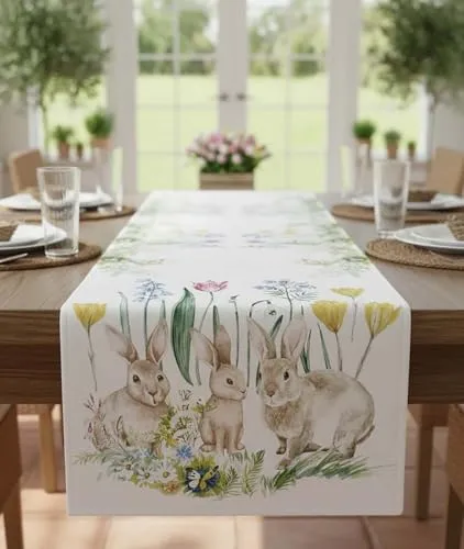 KAMACA Tischläufer Frühling & Ostern Oster Tischdeko mit Hasen-Familie, Blumen & Naturmotiv, bunt Bedruckt – Tischwäsche für Küche, Esstisch, Wohnzimmer & Sideboard (40x140 cm Hasen - Familie)