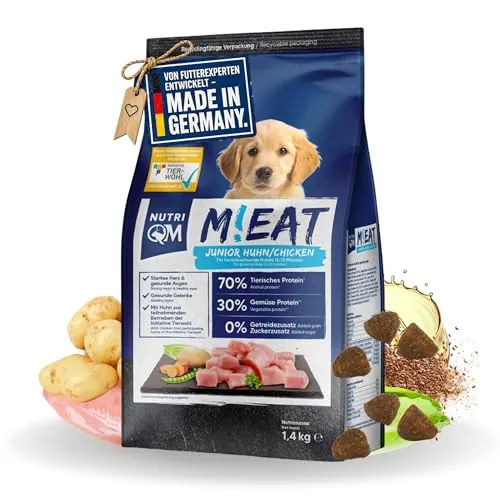 NutriQM M!EAT Junior Hundefutter - Getreidefreies Trockenfutter für junge Hunde mit 70 % hochwertigem tierischem Protein. Unterstützt das Wachstum und die gesunde Entwicklung ohne künstliche Zusätze. Hergestellt in Deutschland mit geprüfter Qualität.