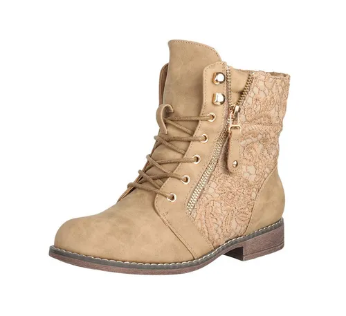 Elara Damen Stiefeletten B9812-KB Khaki - Stylische Biker Boots für modebewusste Frauen, aus strapazierfähigem Synthetikmaterial mit präzisen Spitzendetails. Ideal für vielseitige Outfits und einen angesagten Look.