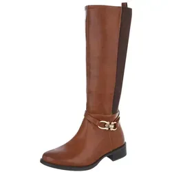 Ital-Design Damen Stiefel mit modischer Schnalle - Wanderschuhe in Camel, kniehoch mit bequemem Blockabsatz und Reißverschluss für einfaches An- und Ausziehen.