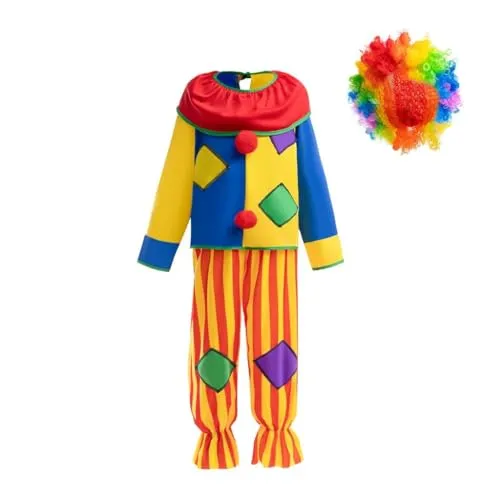 Lito Angels Zirkus Clown und Harlekin Kostüm Verkleidung mit Perücke oder Hut für Kinder Jungen und Mädchen Karneval Fasching Halloween Schulaufführung Kindergeburtstag Größe 5–13 Jahre