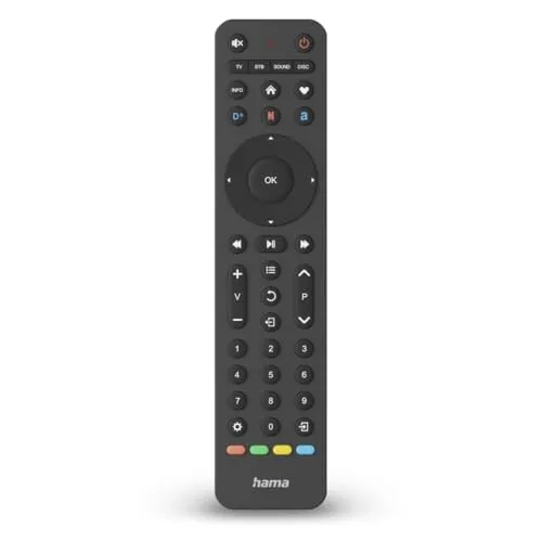 HAMA Universal-Fernbedienung TV, Infrarot, für 4 Geräte - Tastaturen für bis zu 4 Geräte, mit praktischen App-Tasten für Streaming und Lernfunktion für Original-Features. Hergestellt aus 100% recyceltem Kunststoff – nachhaltig und sofort einsatzbereit!