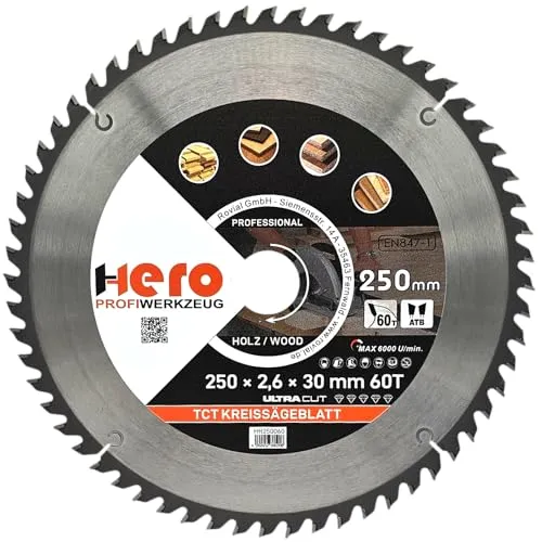 HERO Kreissägeblatt 250 x 30/20 mm 60 Zähne Hartmetall Sägeblatt TCT Ersatzsägeblatt für Holzbearbeitung Weich & Hartholz, Nichteisenmetalle Universal Handsäge, Gehrungssäge, Tischkreissäge, Kappsäge